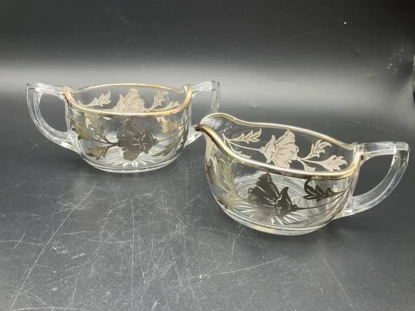 BIN - Vintage Glass Silver Overlay Sugar And Creamer Flanders Poppy Flowers