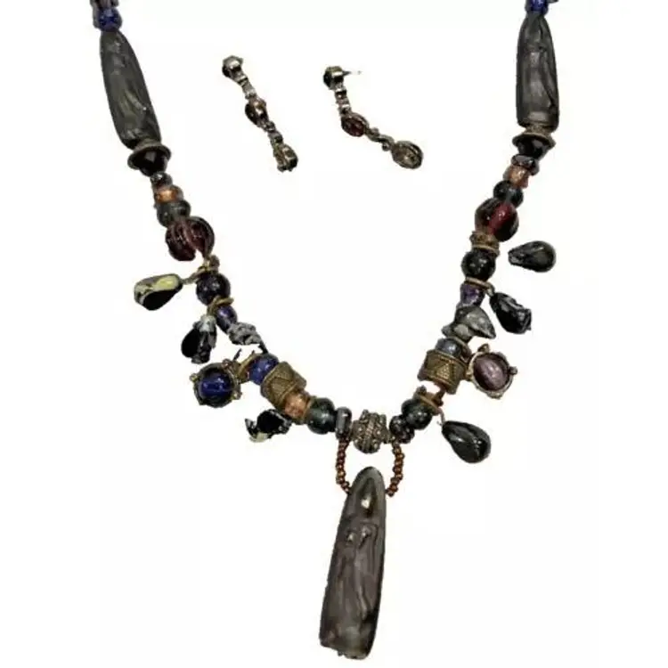 Chicos Mexican Necklace Black Cord Colorful Pendant w/ Rhinestones Beads