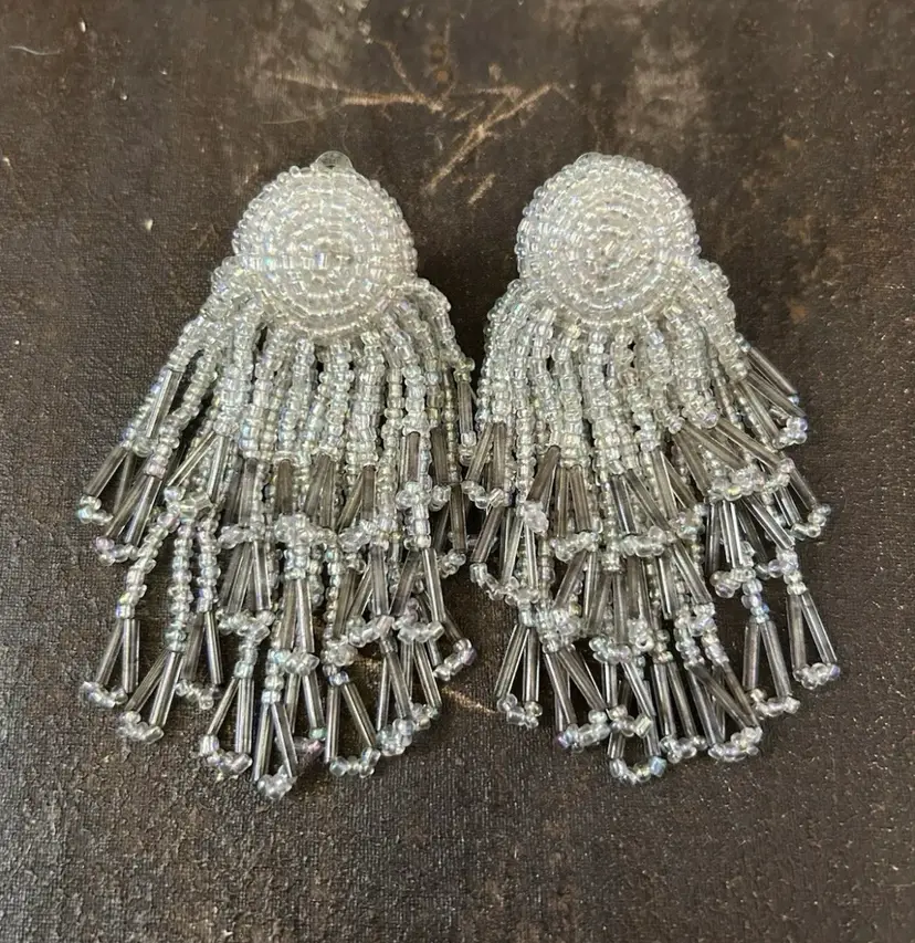Vintage White Beaded Clip On Earrings