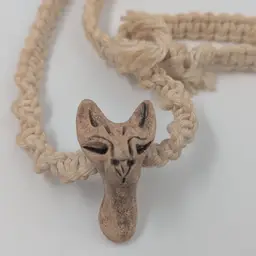 Macrame Necklace with Pottery Cat Pendant