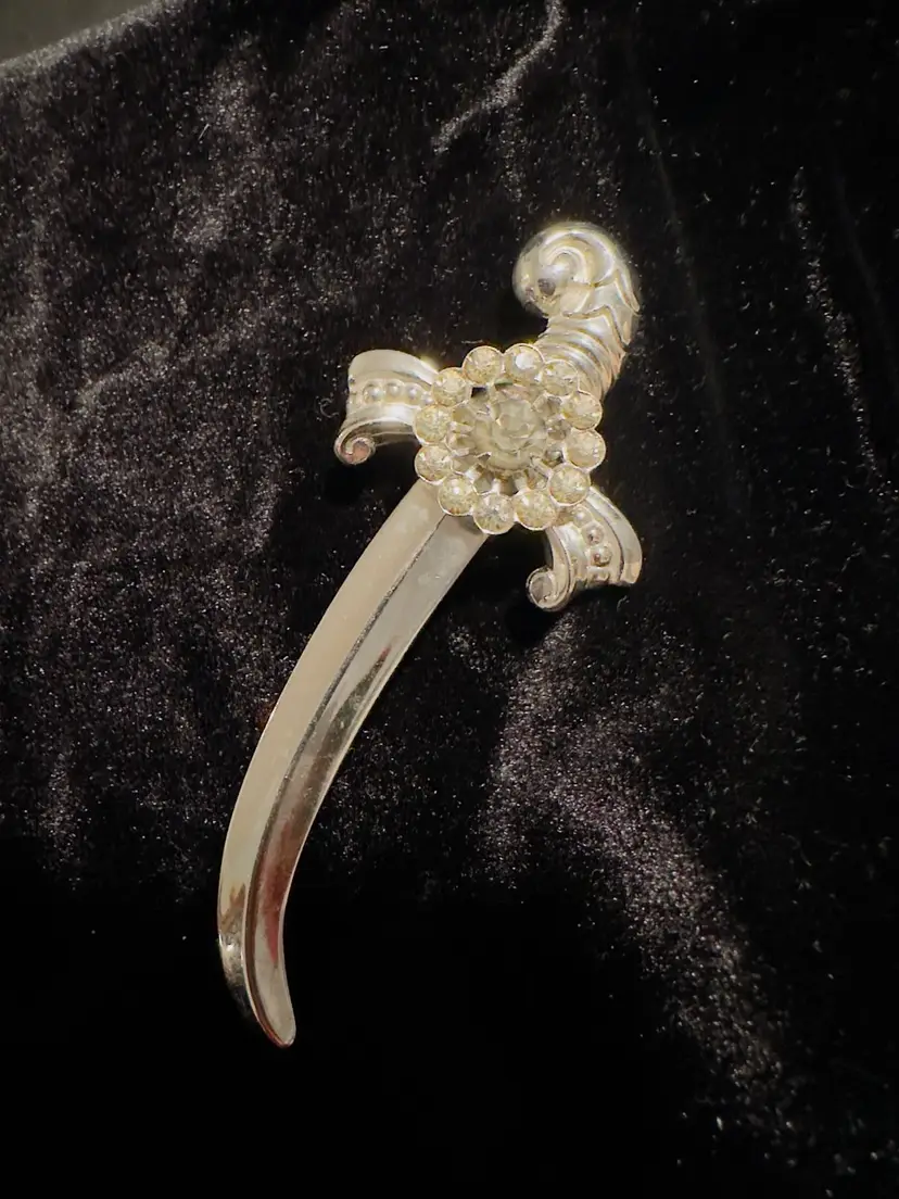 #1655 Brooch Coro, Pegasus, Signed Vintage Silver Tone Rhinestone Sword Brooch Pin 3”