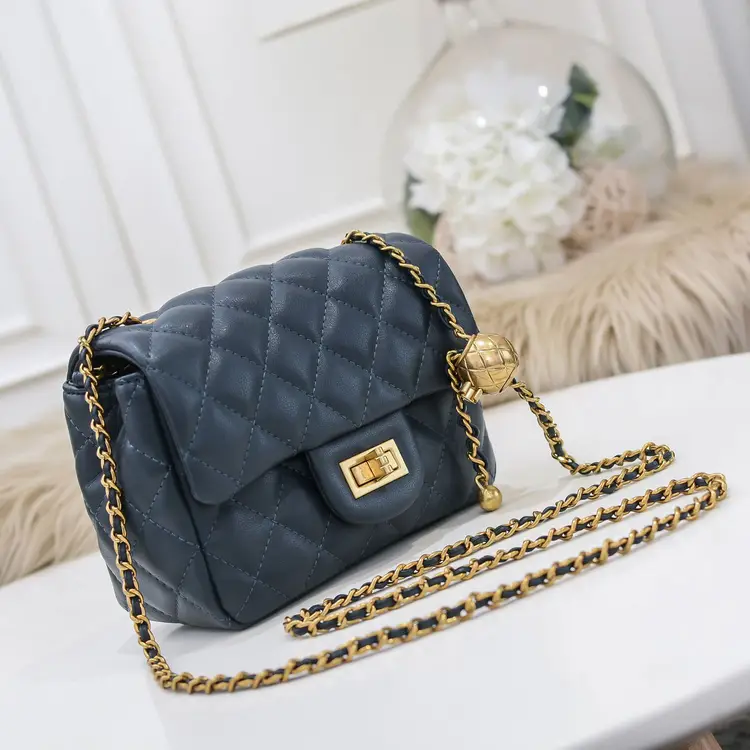 Quilted Navy Leather HandBag w/Ball Chain