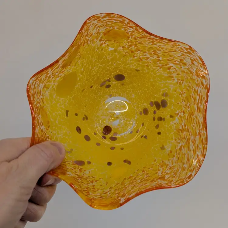 Bright Speckled Yellow Orange Red Art Glass Handkerchief Ruffle Bowl Hand Blown