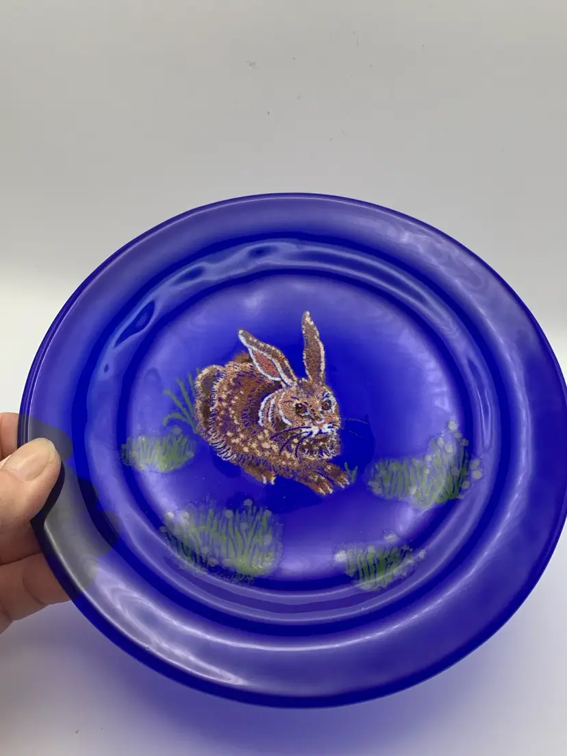 Fused Glass Plate Bunny Rabbit Signed 7.5”