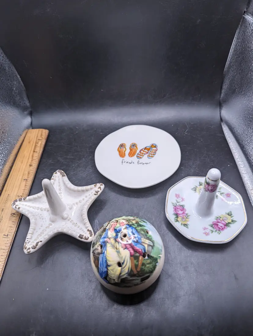 Vintage Lot of 4 Vanity Dresser Pieces Two Ring Dishes, One Trinket One Pomander.