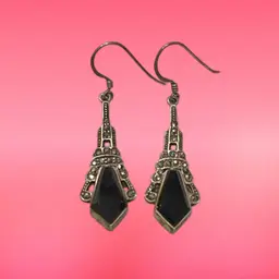 Vintage Art Deco CW Charles Winston Sterling Silver, Onyx & Marcasite Dangle Earrings 2”, 6.8g