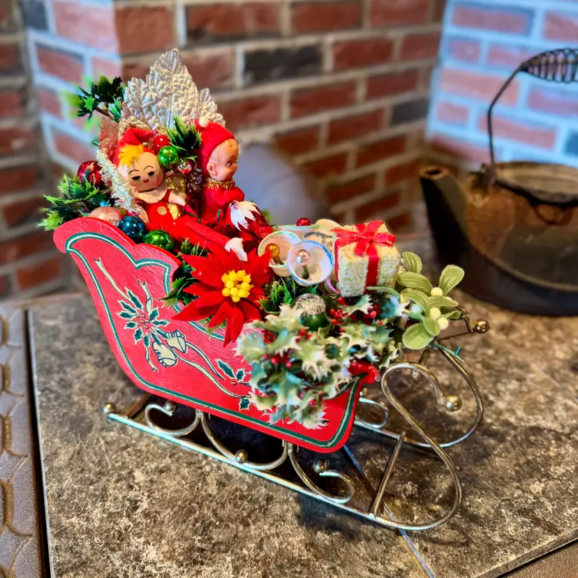 1950s Christmas Pixie Knee-hugger & Felt Pixie Friend Sleigh Centerpiece