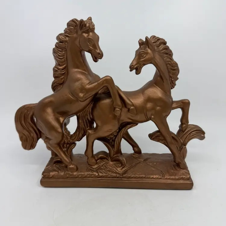 Bronze Tone Tabletop Sculpture 2 Horses Rearing And Playing On A Natural Terrain Base Hobbiest Plaster Piece