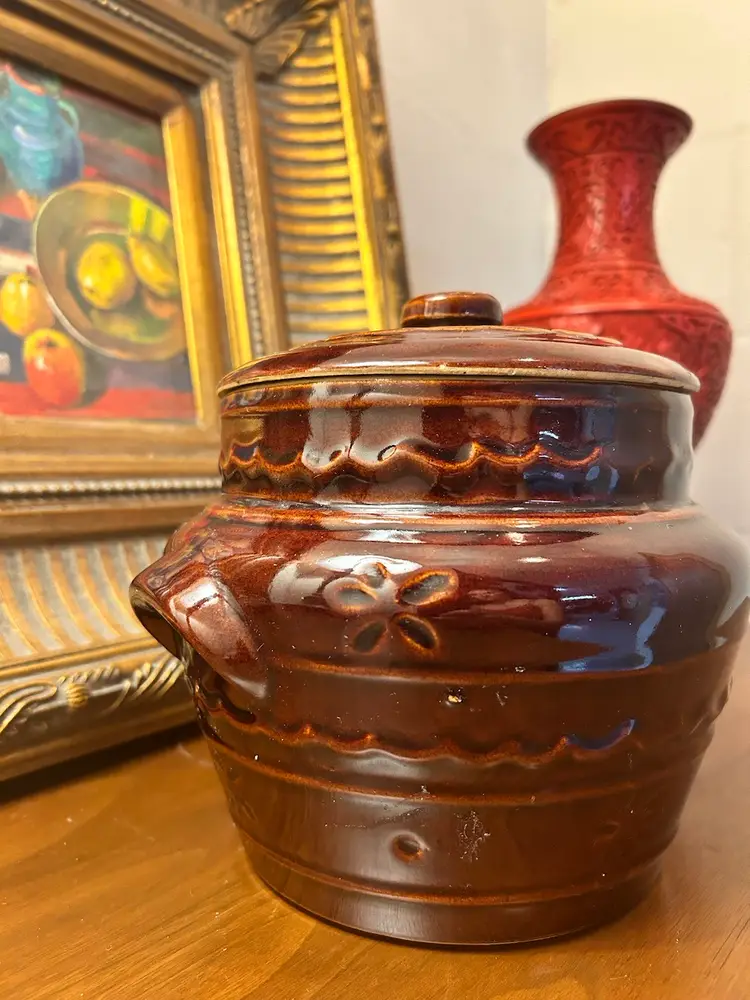 Marcrest Stoneware Bean Pot Crock W Lid DAISY DOT Ovenproof Brown Vintage