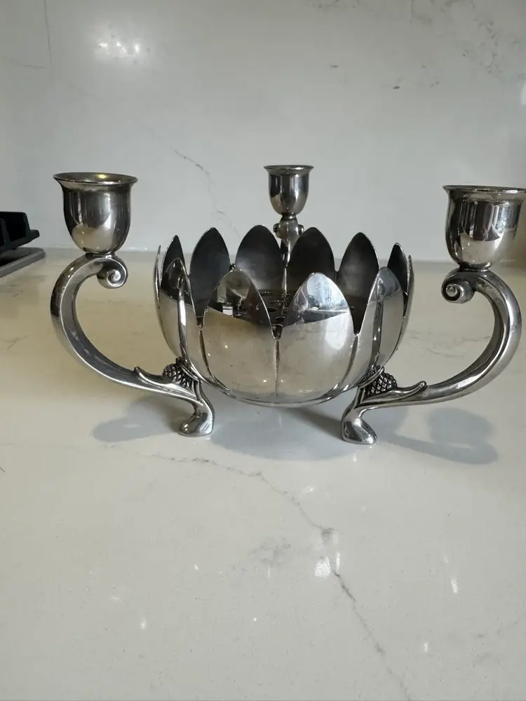 Vintage Silver-Plated Lotus Bowl With Candle Holder