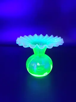 #01 Blown Vaseline Glass Vase w/Crimped Cranberry Opalesce Ruffled Top