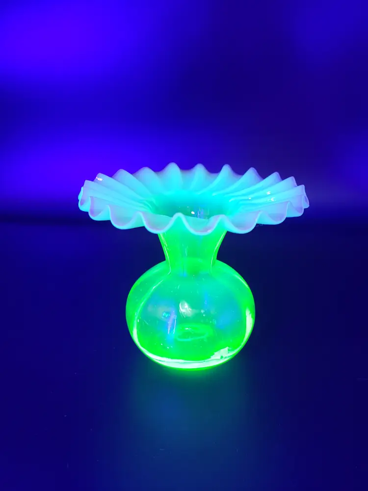 Blown Vaseline Glass Vase w/Crimped Cranberry Opalesce Ruffled Top