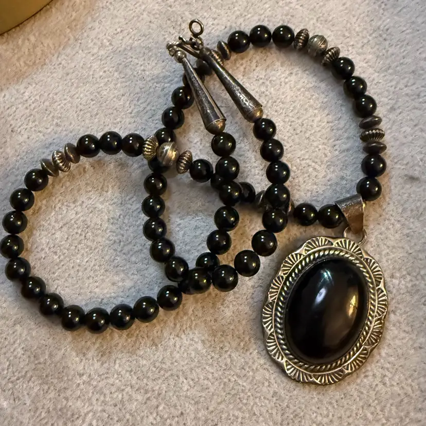 Navajo Jimmy Secatero Onyx And Sterling Silver Pendant Necklace 18”