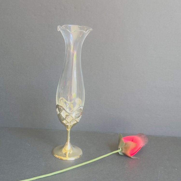 #1219 Vintage Leonard Silver Tone Stamped Base Ruffled Rim Glass Single Bud Vase
