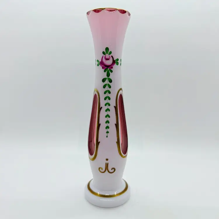Vintage Bohemian Czech White Cased Cut Cranberry Pink Hand Painted 8" Bud Vase