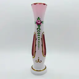 Vintage Bohemian Czech White Cased Cut Cranberry Pink Hand Painted 8" Bud Vase
