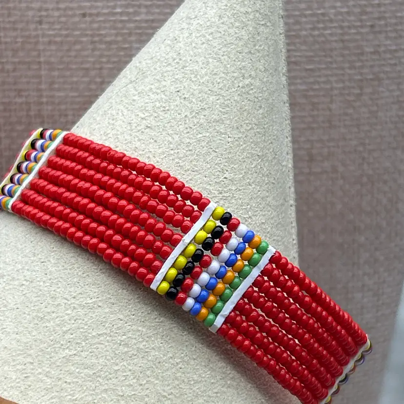 #01 Artisan Red Seed Bead Bangle Bracelet Wide Tribal Ethnic Handmade 2.5” Opening