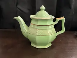 Vintage Octagon Shaped Green & Gold Tea Pot Gold Criss Cross Pattern