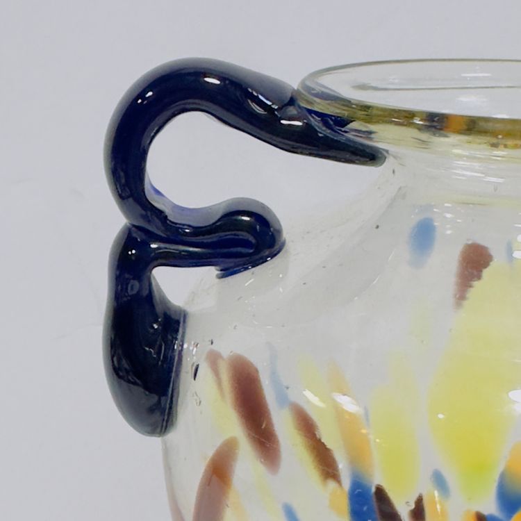 #1308 Confetti Glass Vase, Double Cobalt Blue Applied Glass Handles, 6.75x5.25, 1.8lbs,