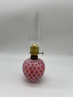 Fenton Cranberry Opalescent Glass Coin Dot Mini Miniature Oil Lamp