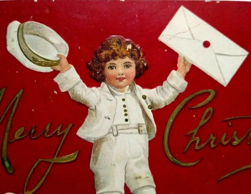Christmas Postcard Ellen Clapsaddle Artist Signed Child Mailman Hat And Letter