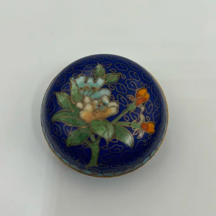 Old Chinese Cloisonne Blue Enamel Flower Design Trinketbox