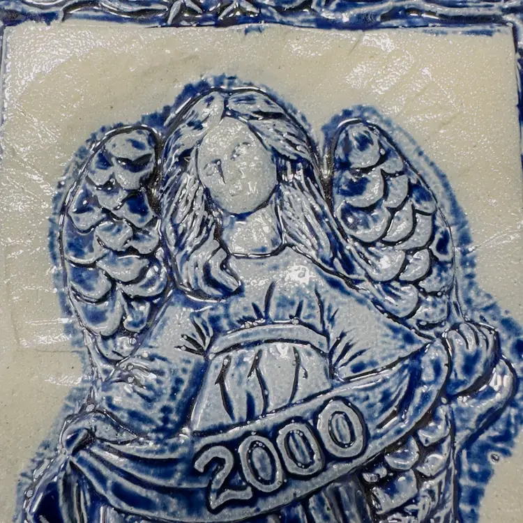 #1638 Vintage Rowe Pottery Works  Annual Angel Tile Blue Salt Glaze Trivet Wall Hanging