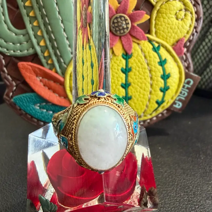 Vintage Chinese Export Sterling Silver Enamel And White Jade Adjustable Ring