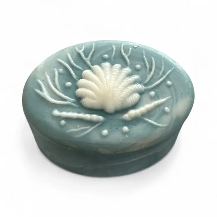 Light Blue Oval Incolay Trinket Box With Shell Design