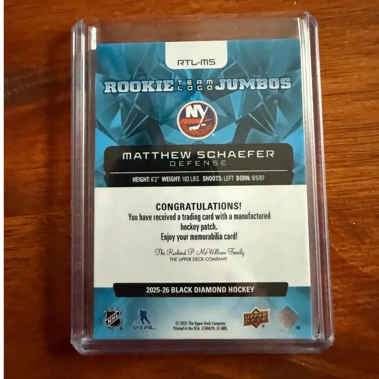 Matthew Schaefer 2025-26 UD Black Diamond Team Logo Rookie Jumbo Patch - New York Islanders