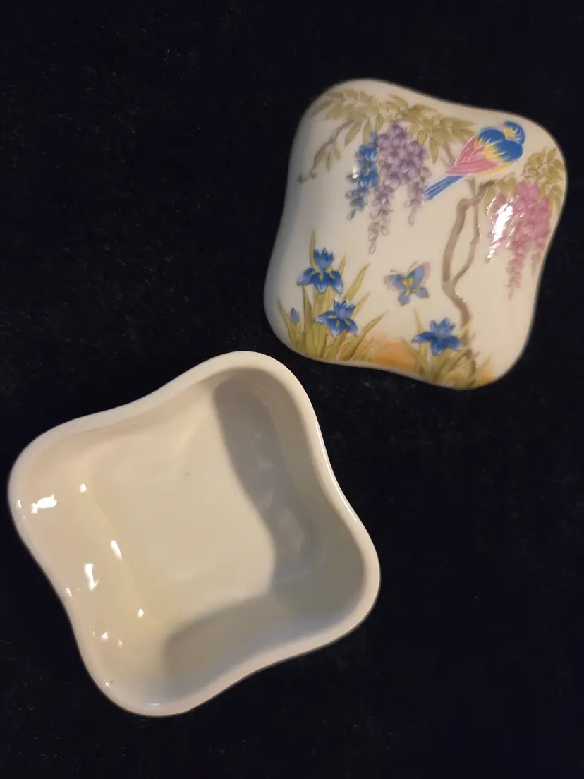 Vintage Takahashi Trinket Box with Bird, Butterfly, and Flowers