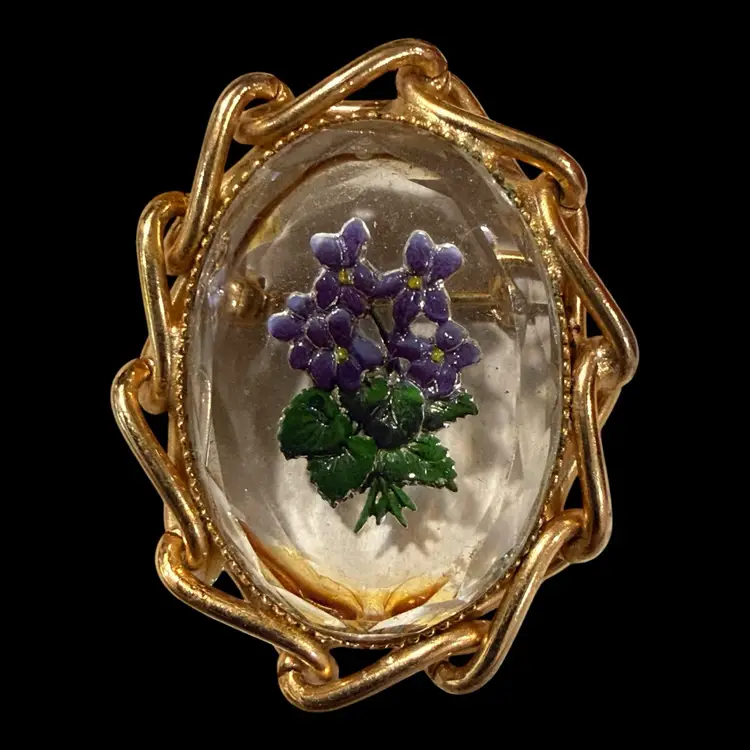Reverse Carved Painted Floral Brooch And Clip On Earring Set