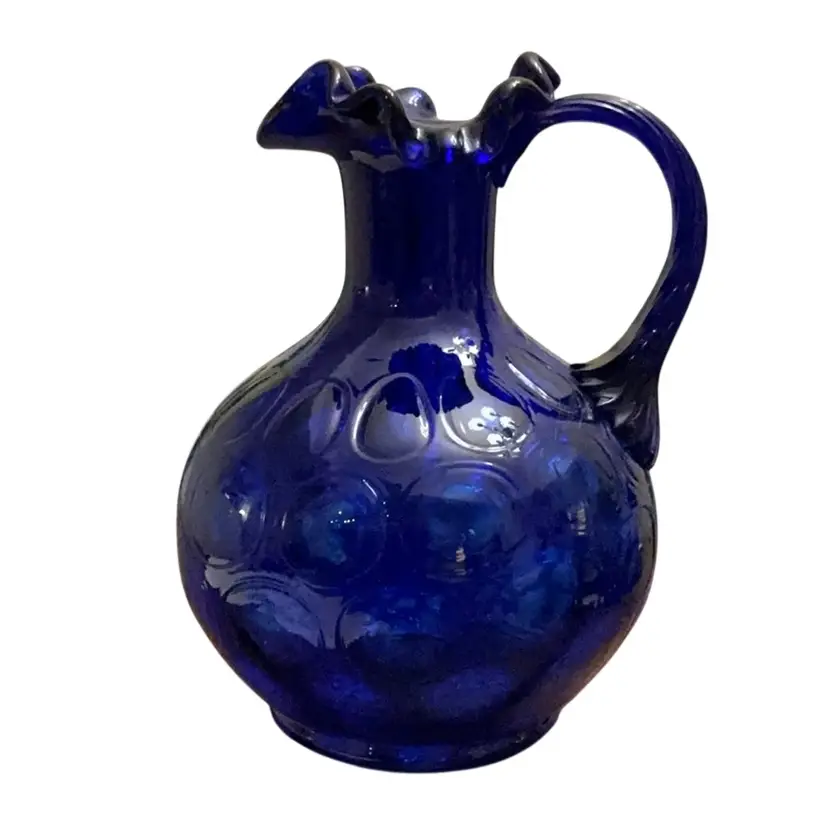 Fenton Undecorated Coin Dot Optic Cobalt Blue Ewer 7” X 5 1/2”