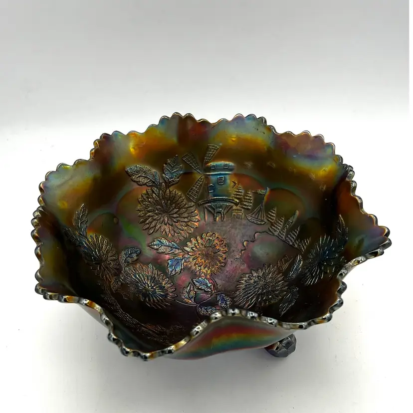 Fenton Blue Carnival Glass Chrysanthemum And Windmills Footed Bowl