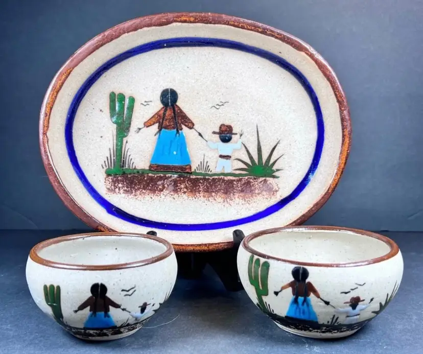 Vintage Mexico Stoneware Mother & Child Serving Bowl w/ 2 Salsa Bowls