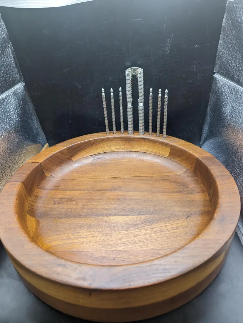 Vintage Rustic MCM Gunston Genuine Solid Walnut Wood Nut Bowl, Nut Cracker & Picks