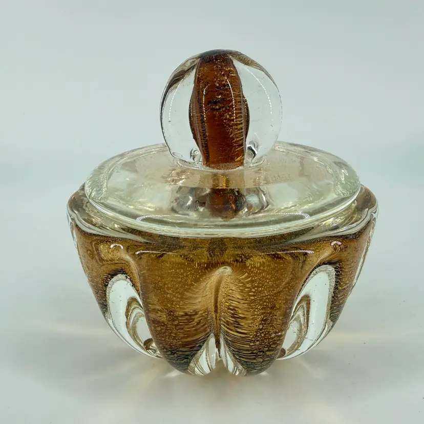 Art Glass Hand Blown Gold Fleck Covered Dish