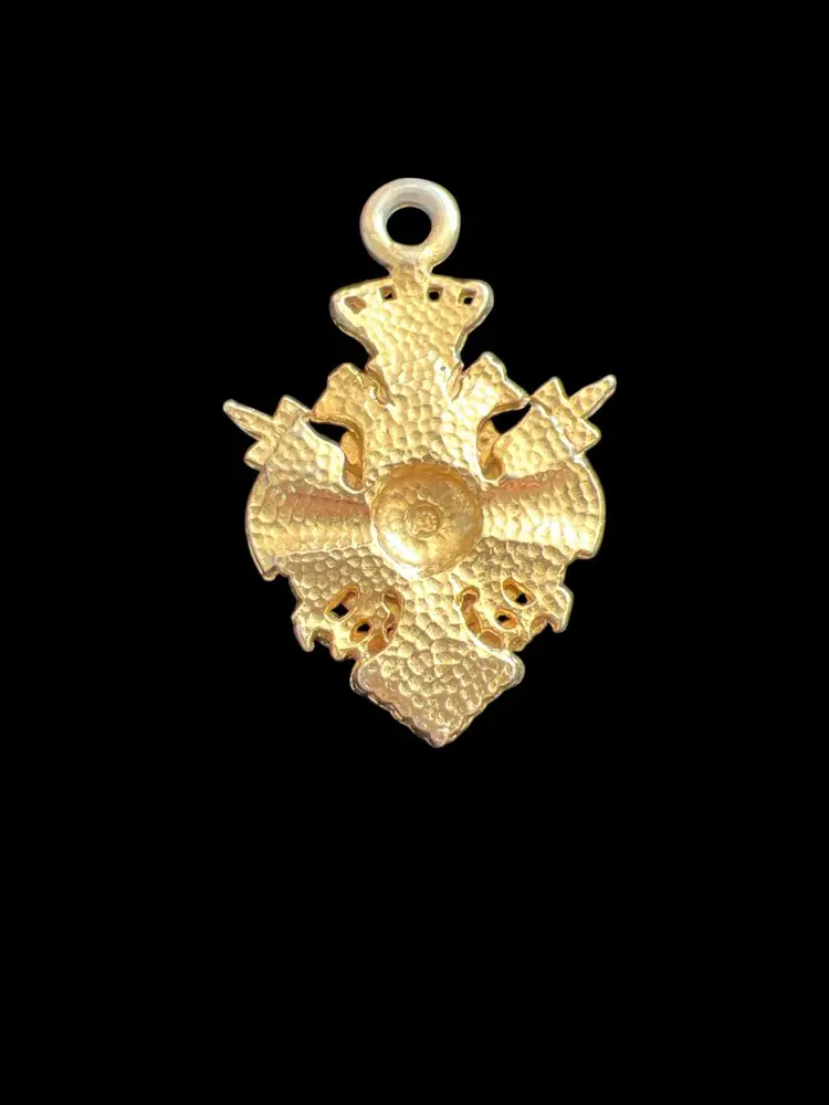 Vintage Heraldic Crest Red White Enamel Crown Sword Gold Tone Pendant #ofc-2