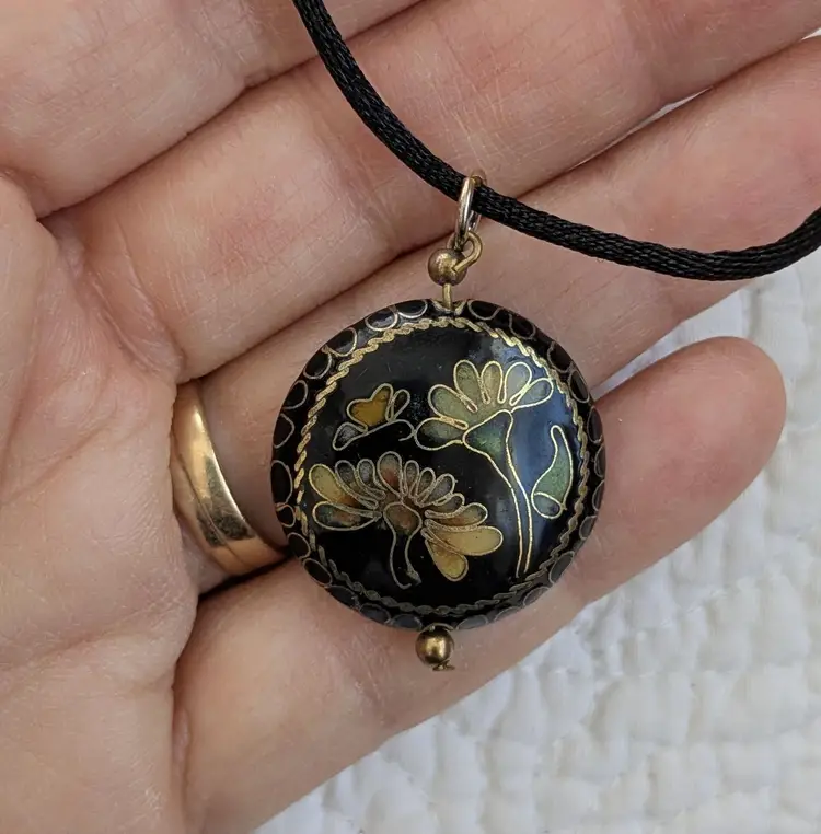 #01 - Vintage Cloisonne Necklace on Black Cord