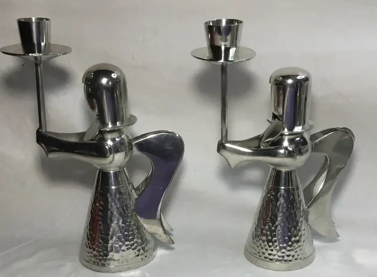 Banka Tinwerks, angel candle holders, silver tone, approx. 7.5" Indonesia