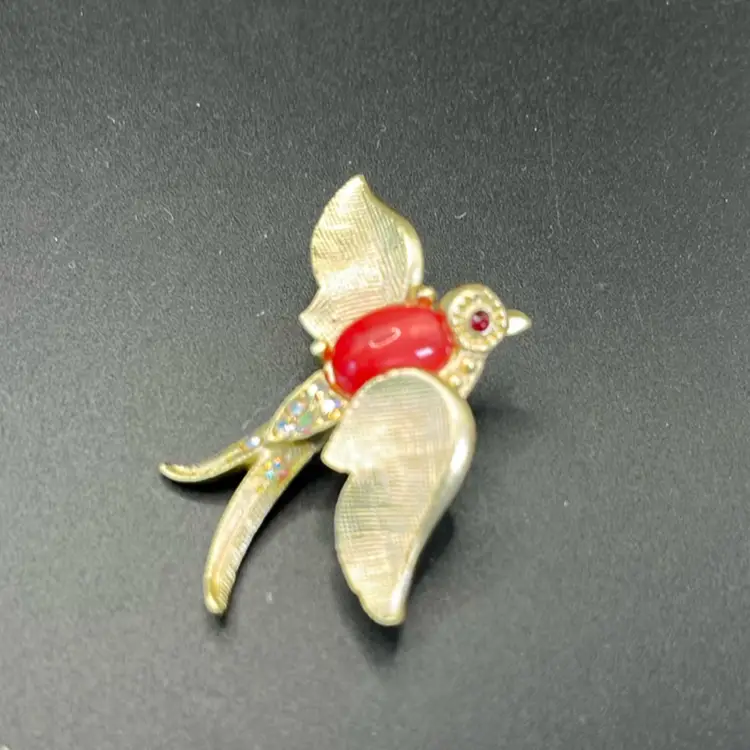 Vintage Crown, Trifari, Fantasies, Swallow, Bird, Red Jelly, Belly Rhinestone Brooch 1950-1960 WorthPoint Identification