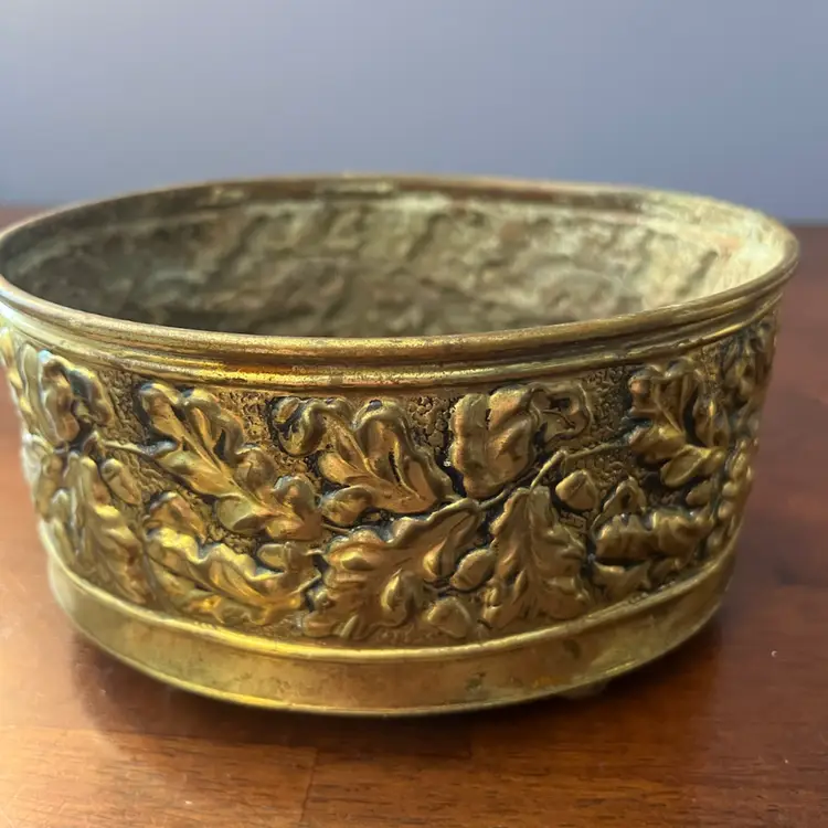 Ornate oval metal decorative box/ Planter  with leaf and vine relief. 6” X5”  Made In England
