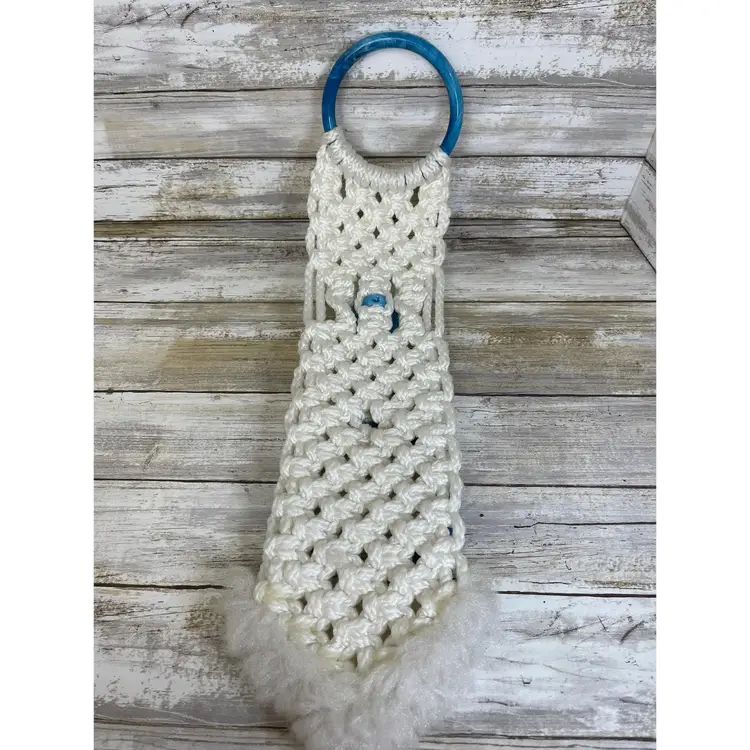 Vintage Macrame Towel Holder with Blue Butterfly