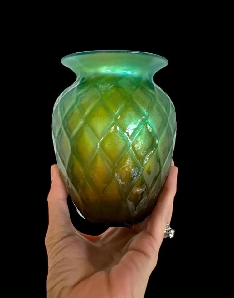 Lundberg Studios Quilted Overlay Aurene Green Blue Gold Glass Vase Art Glass Vase Signed