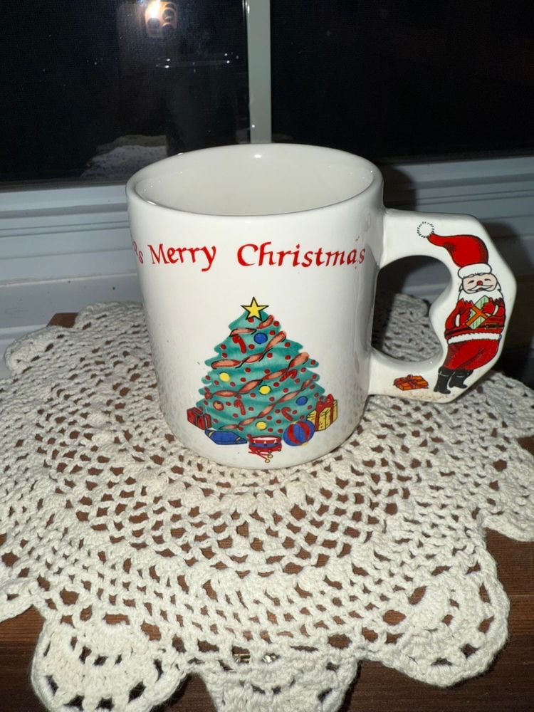 Vintage Merry Christmas Coffee Mug Christmas Tree Santa Claus