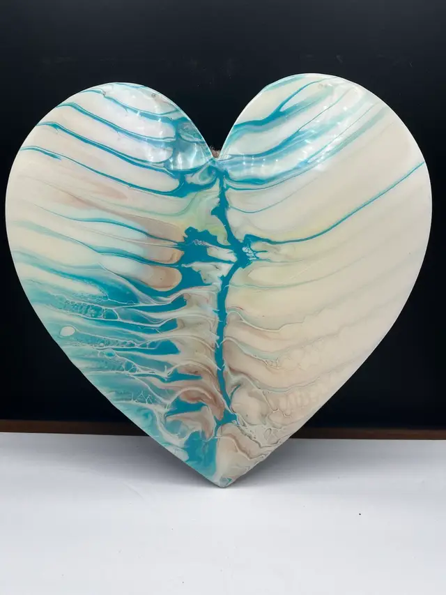 Handmade By Me Painted And Resin Sealed Wooden Heart 
Aqua Blue Stripes On White 
11 1/2” X 11 1/2”
