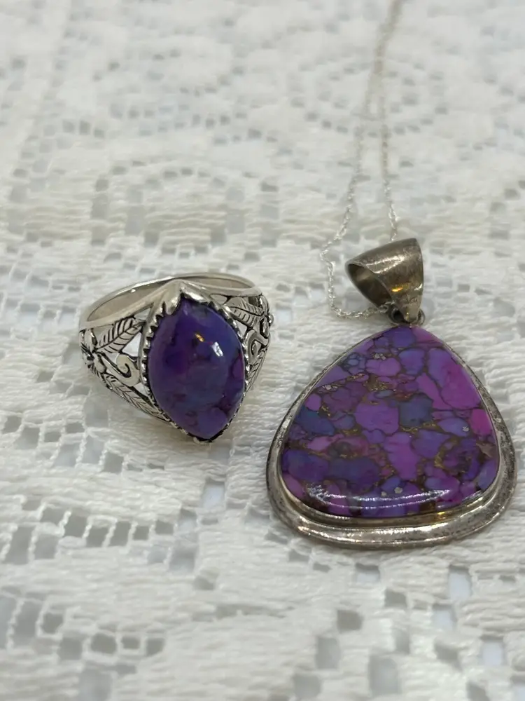Sterling Silver 925 Southwestern Purple Mohave Turquoise Pendant Necklace & Ring