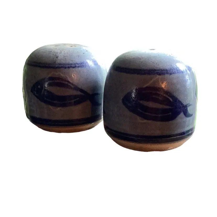 Vintage Handmade And Painted Blue Fish Salt And Pepper