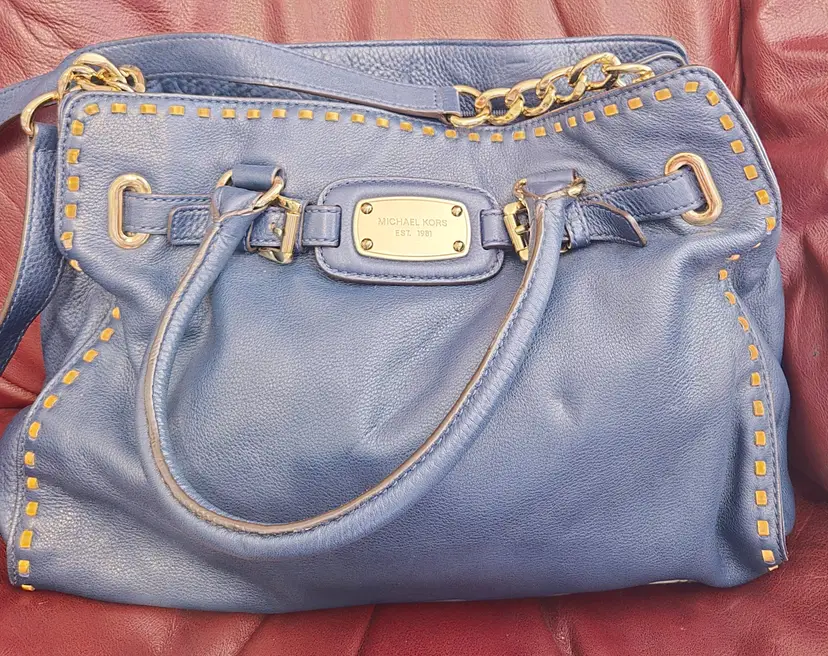 Michael Kors Blue Leather Satchel Handbag - Gold Chain & Studs, Excellent Condition
