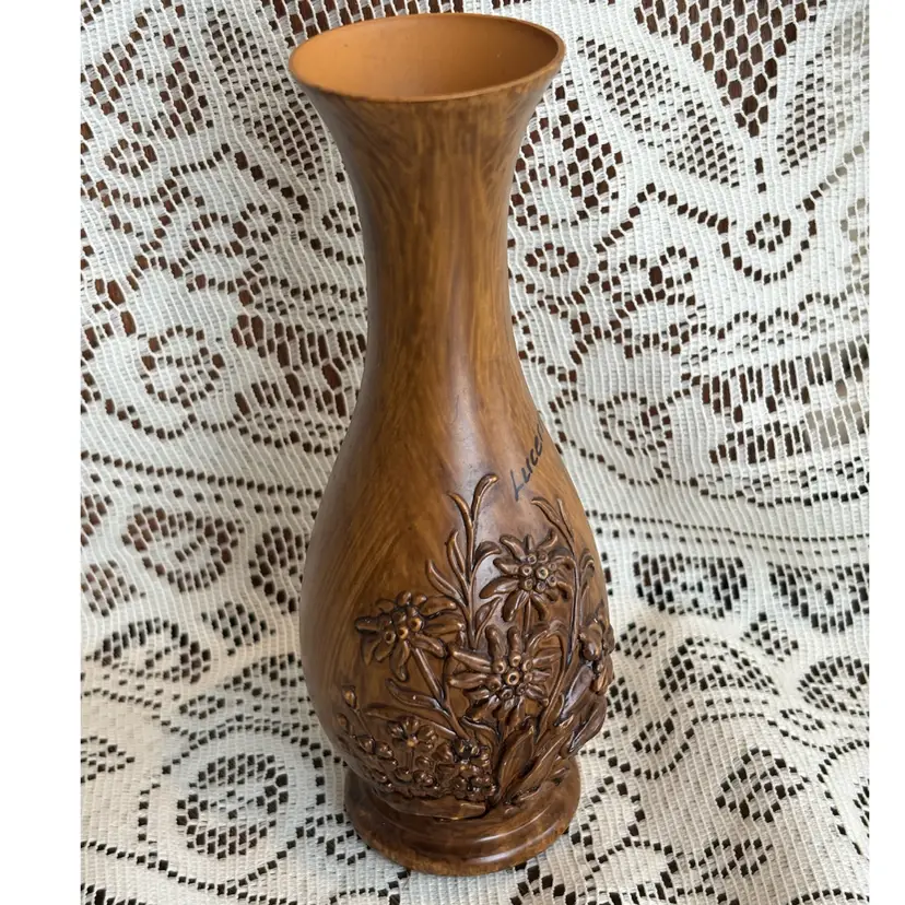 Vintage Lucerne Switzerland Mid Century Faux Wood Vase 6.5”